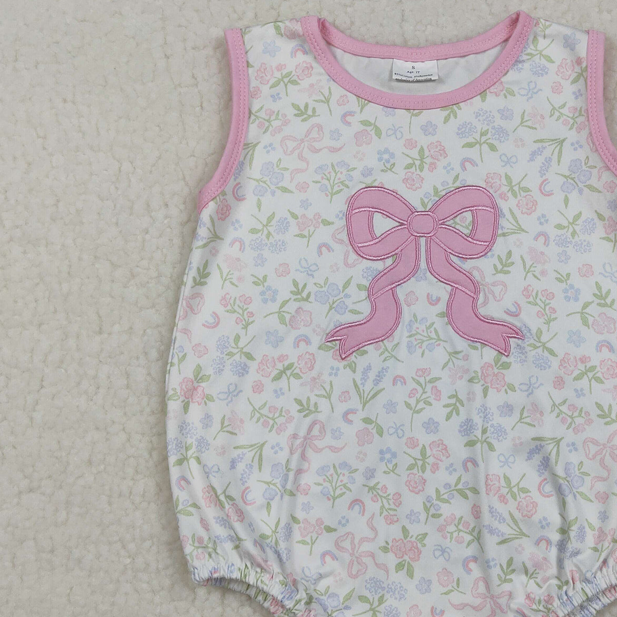 RTS NO MOQ SR3727 Pink Bow Embroidery Baby Girls Rompers Sleeveless Flowers Ruffle