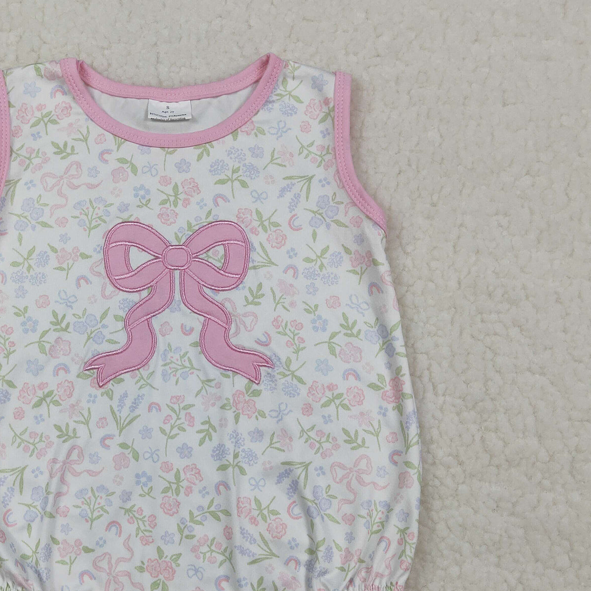 RTS NO MOQ SR3727 Pink Bow Embroidery Baby Girls Rompers Sleeveless Flowers Ruffle