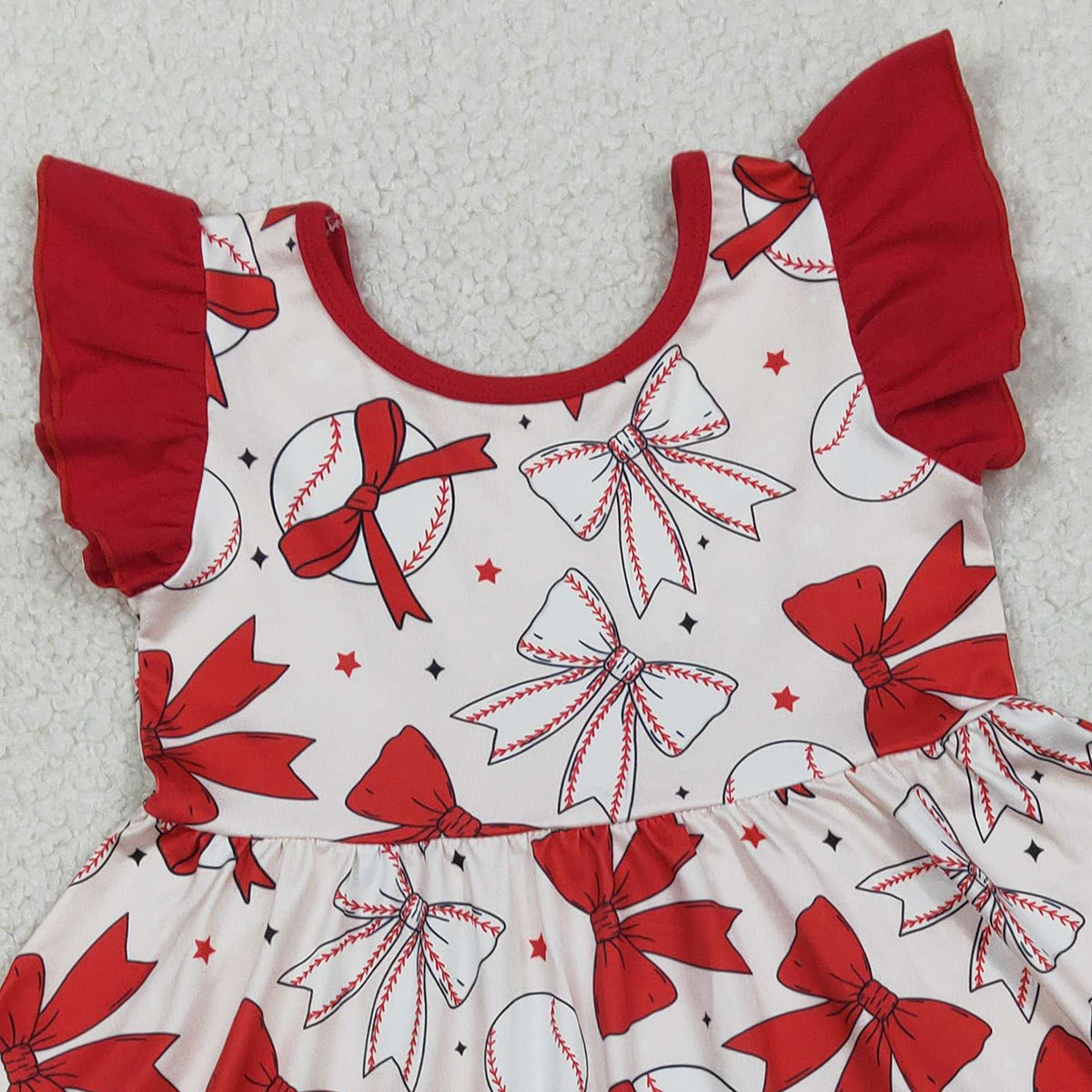 RTS NO MOQ GSD3456 Baby Girls Knee-Length Dress with Flutter Sleeves And Baseball Bows Team Outfit