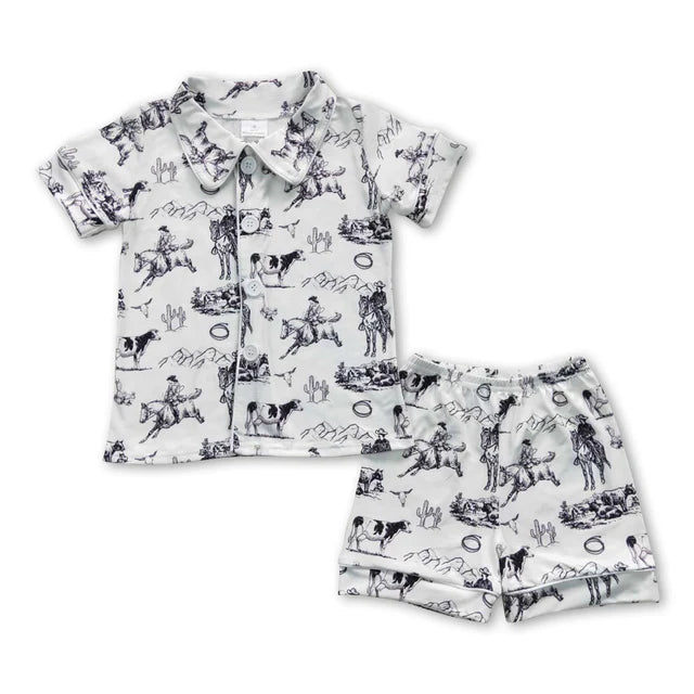 RTS NO MOQ Sibling Baby Boys Western Brown Face Shorts Pajamas