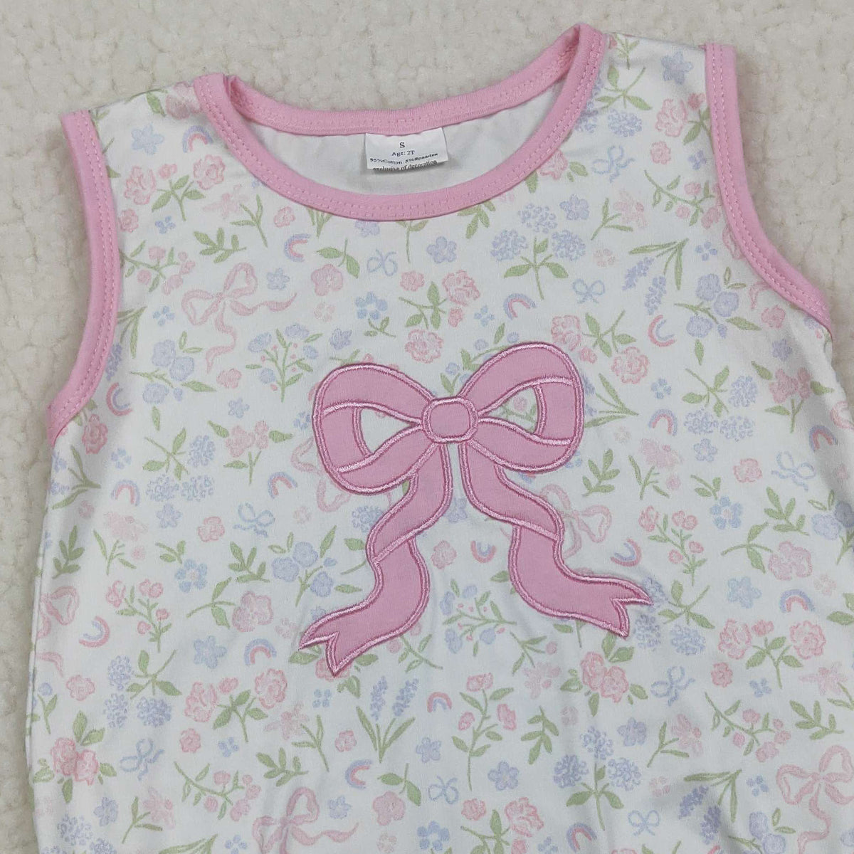 RTS NO MOQ SR3727 Pink Bow Embroidery Baby Girls Rompers Sleeveless Flowers Ruffle