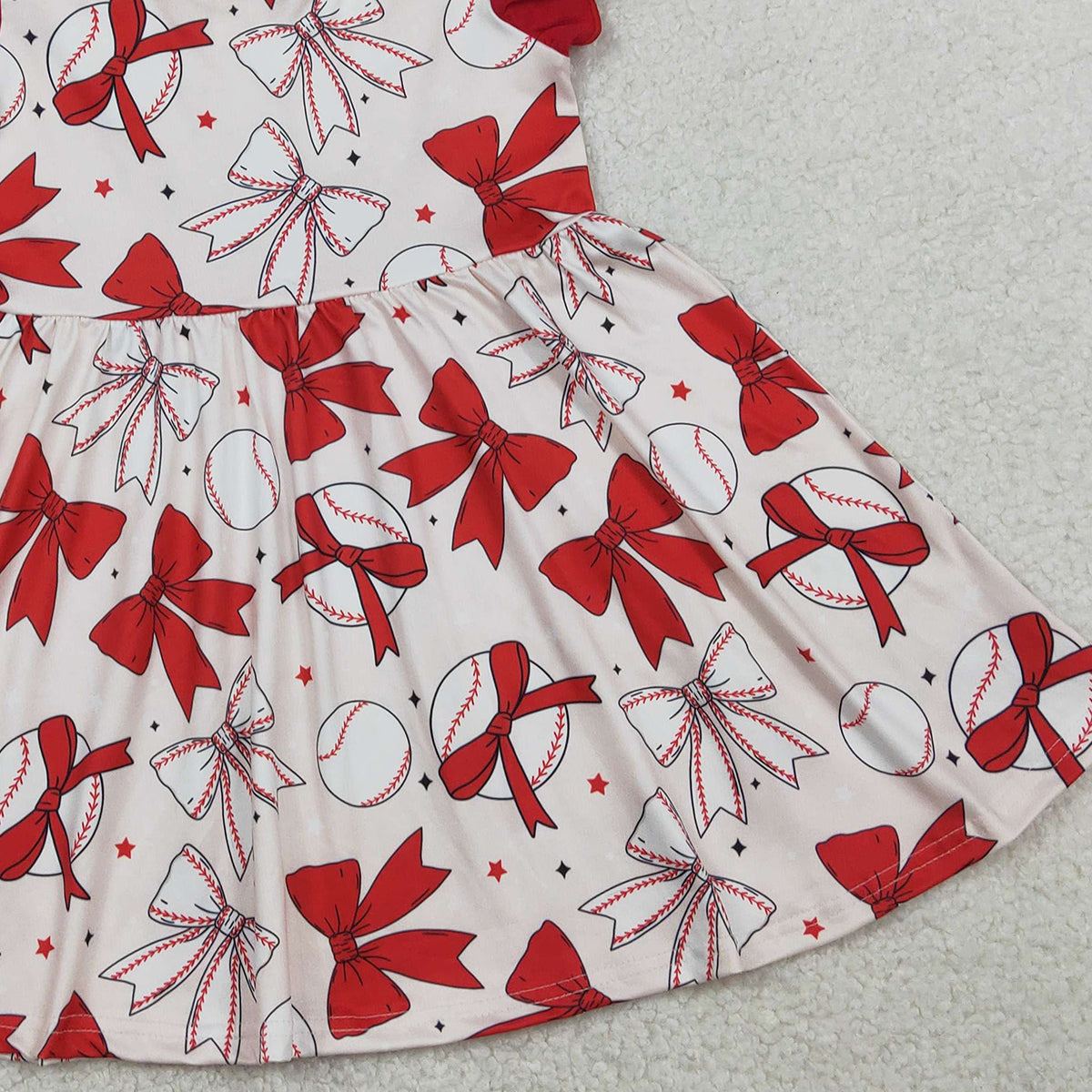 RTS NO MOQ GSD3456 Baby Girls Knee-Length Dress with Flutter Sleeves And Baseball Bows Team Outfit