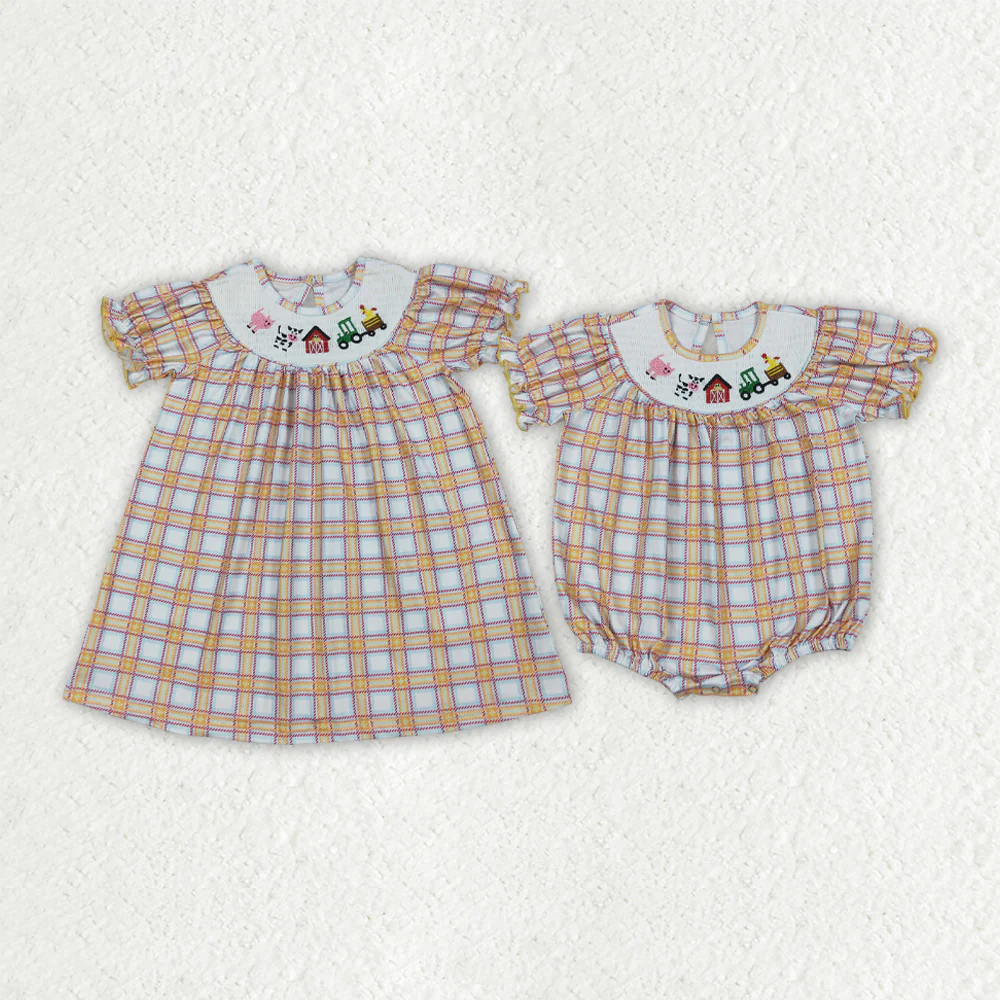 RTS Sibling baby girls clothes smocked embroidery short Sleeve dress and rompers