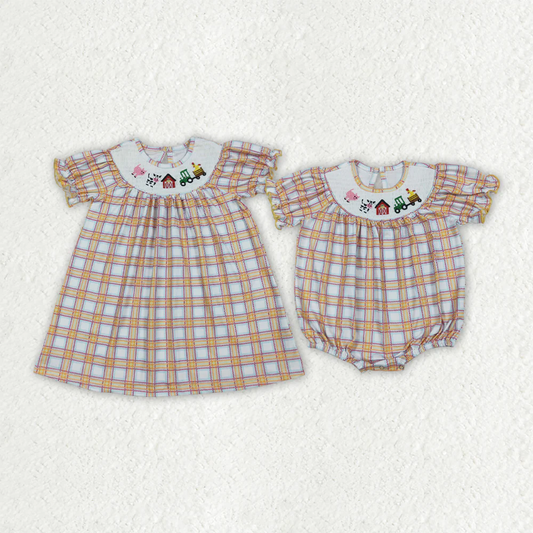 RTS Sibling baby girls clothes smocked embroidery short Sleeve dress and rompers