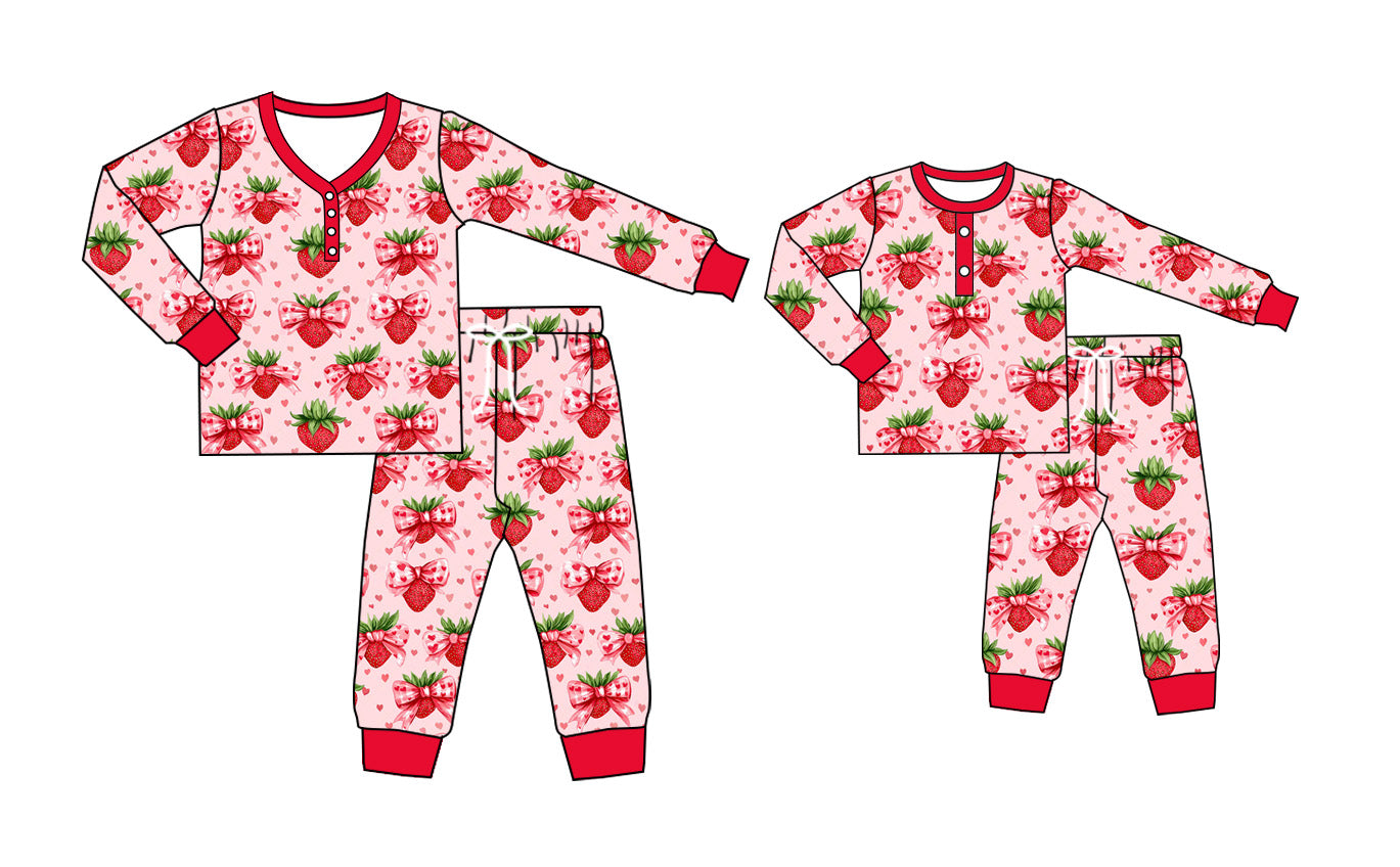 11.26 custom each style moq 5eta 4-6week Sibling Sister strawberry bow baby girls long sleeve pants sets and adult sets match design