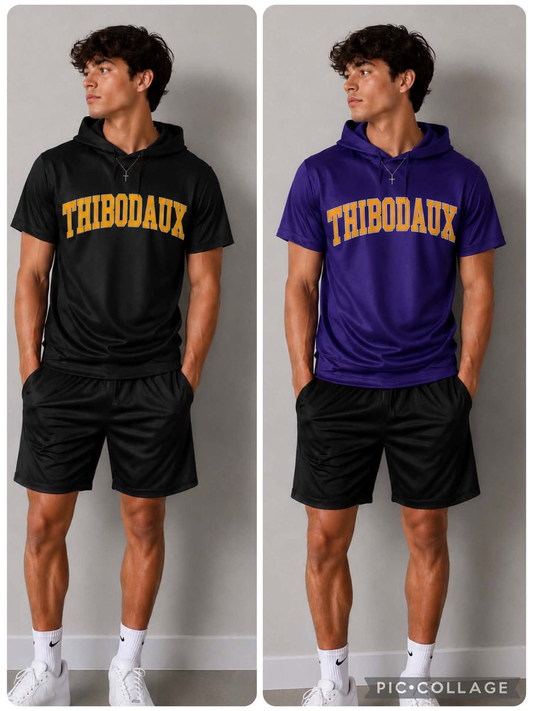 custom moq 5 mix size AAFTBX0104 Adult Men Short Sleeve Hooded Top Elastic Waist Black Shorts Set