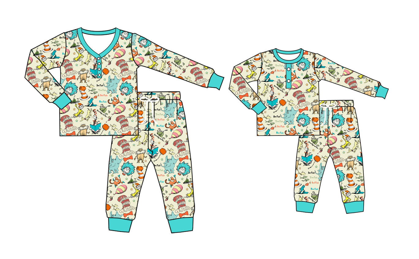 11.26 custom each style moq 5eta 4-6week Sibling Sister dr seuss baby girls long sleeve pants sets and adult sets match design