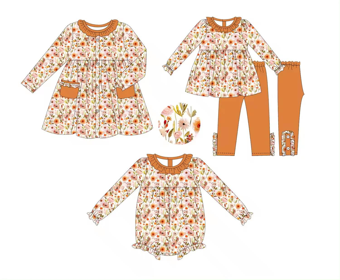 Custom moq 5 each style eta 6-7weeks baby girl clothes floral long sleeve pants sets and romper and dress -25.8.25
