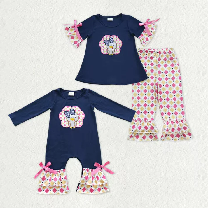 RTS NO MOQ Sibling Baby girl clothes embroidery turkey short-sleeved trousers suit & rompers