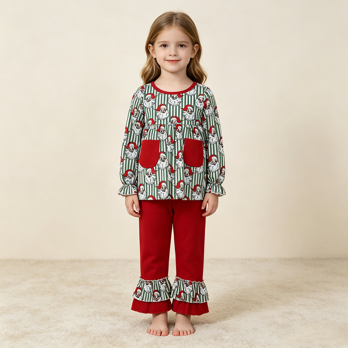 NEW RTS NO MOQ milk silk GLP3454 Baby Girls Green Stripe Santa Pockets Tunic Ruffle Pant Christmas Set