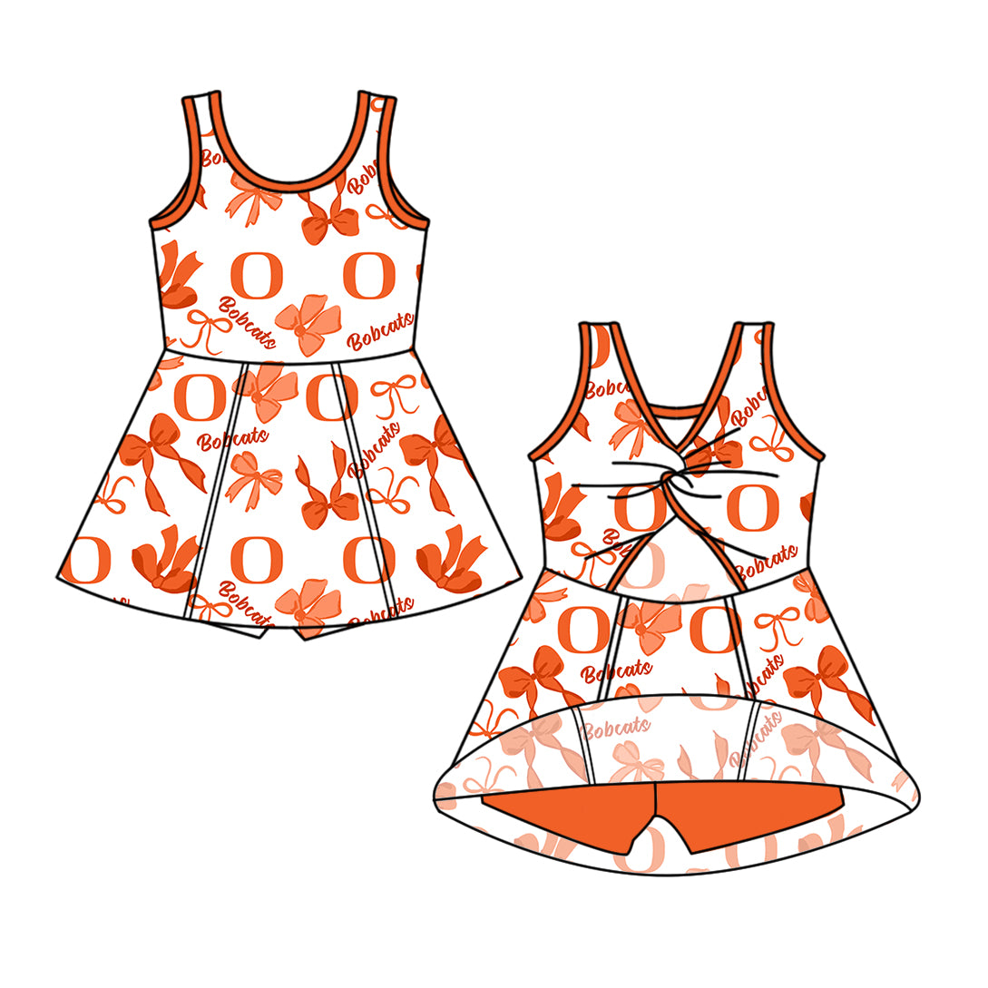 Custom moq 5 mix size milk silk summer teams Baby Girls Bow Orange Vest Top Skirt Shorts Sets Sleeveless Knee Length Dresses Yoga Shorts Yoga Active Outfit