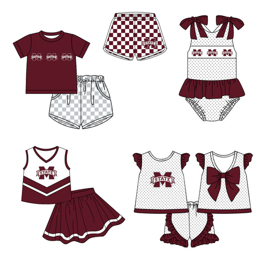 Custom moq 5 mix size milk silk summer teams Boy's Dark Red Short Sleeved Top Plaid Shorts Set Girl's Short-Sleeved Set with Matching Swimsuits Adult Shorts