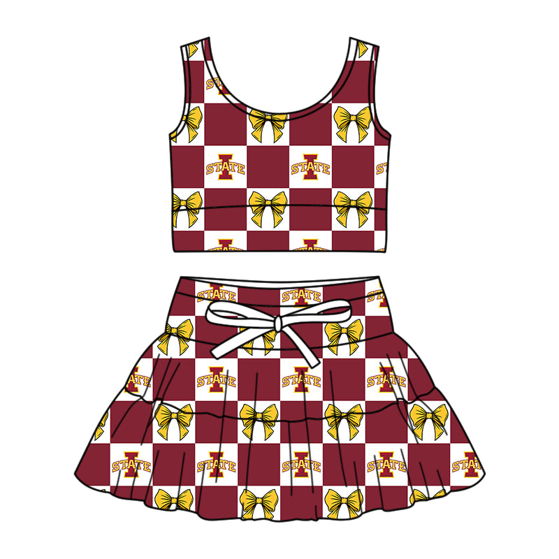 Custom moq 3 or 5 mix size milk silk summer teams baby girl clothes bow dark red sleeveless skirts sets-26.1.24