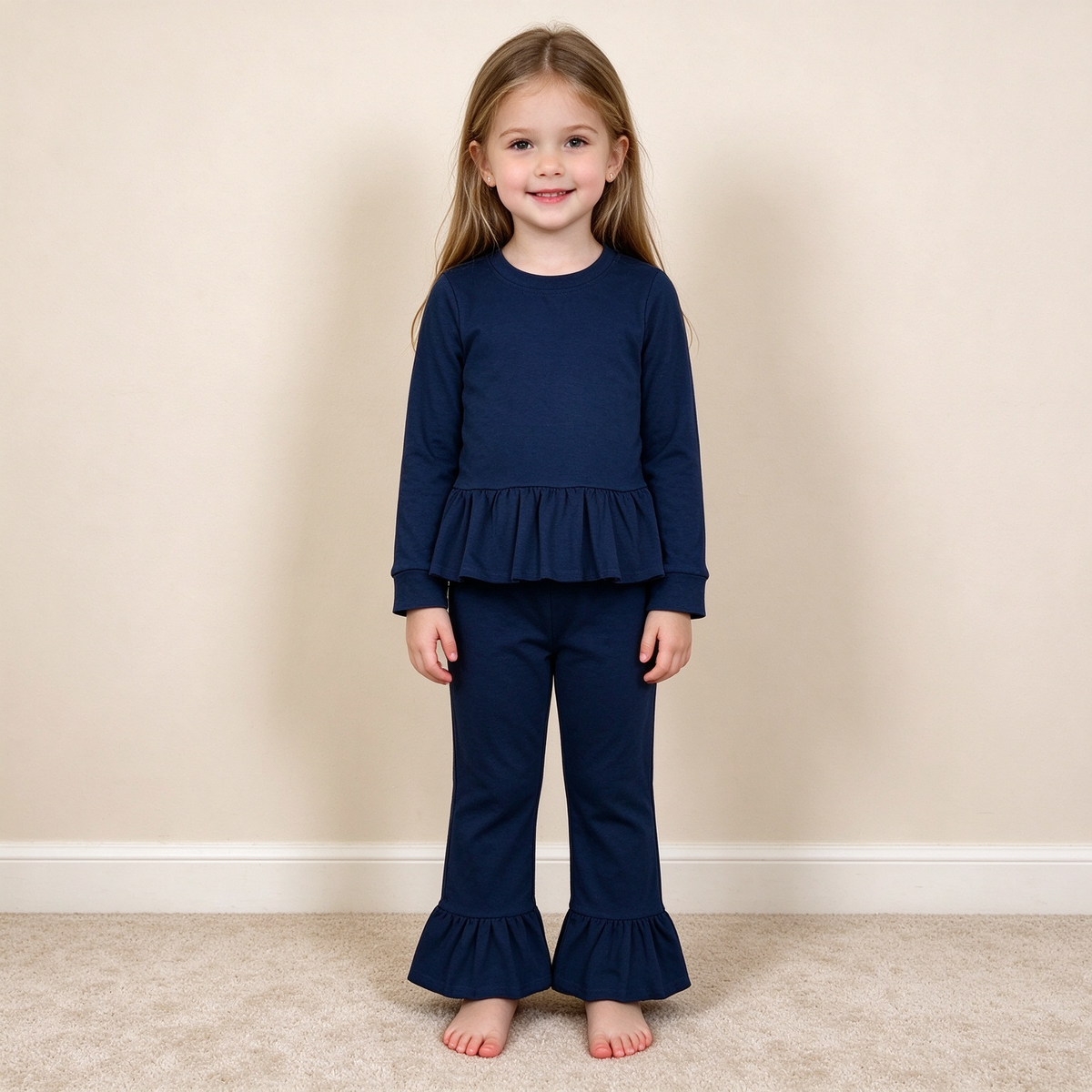 (Sample) No moq cotton GLP3750 Baby Girls Navy Blue Long Sleeve Tunic Ruffle Pant Set