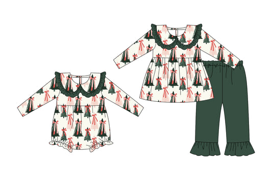 25.6.2 custom each style moq 5eta 4-6week Sibling Sisters Christmas trees bow green baby girl long sleeve pants sets and rompers match family design