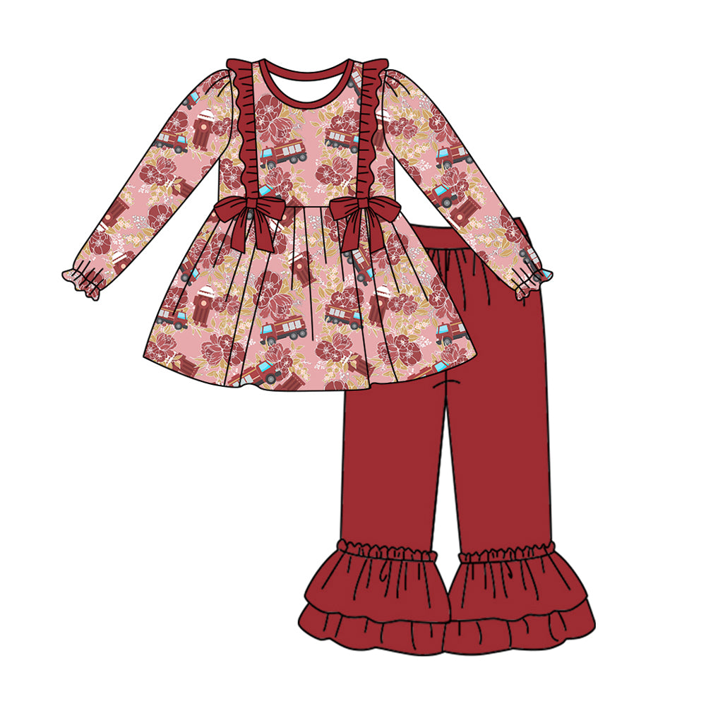 6.3 custom each style moq 5eta 4-6week Sibling Sister Fire truck red baby girls outfits and dress and baby romper match family design