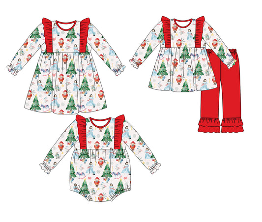 25.5.12 custom each style moq 5eta 4-6week Sibling Sisters Christmas trees baby girl long sleeve pants sets and dress and rompers match family design