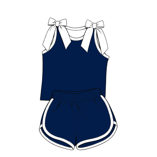 custom moq 5 mix size Baby Girls White Bow Sleeveless Navy Blue Top Shorts Summer Cute Clothing Set