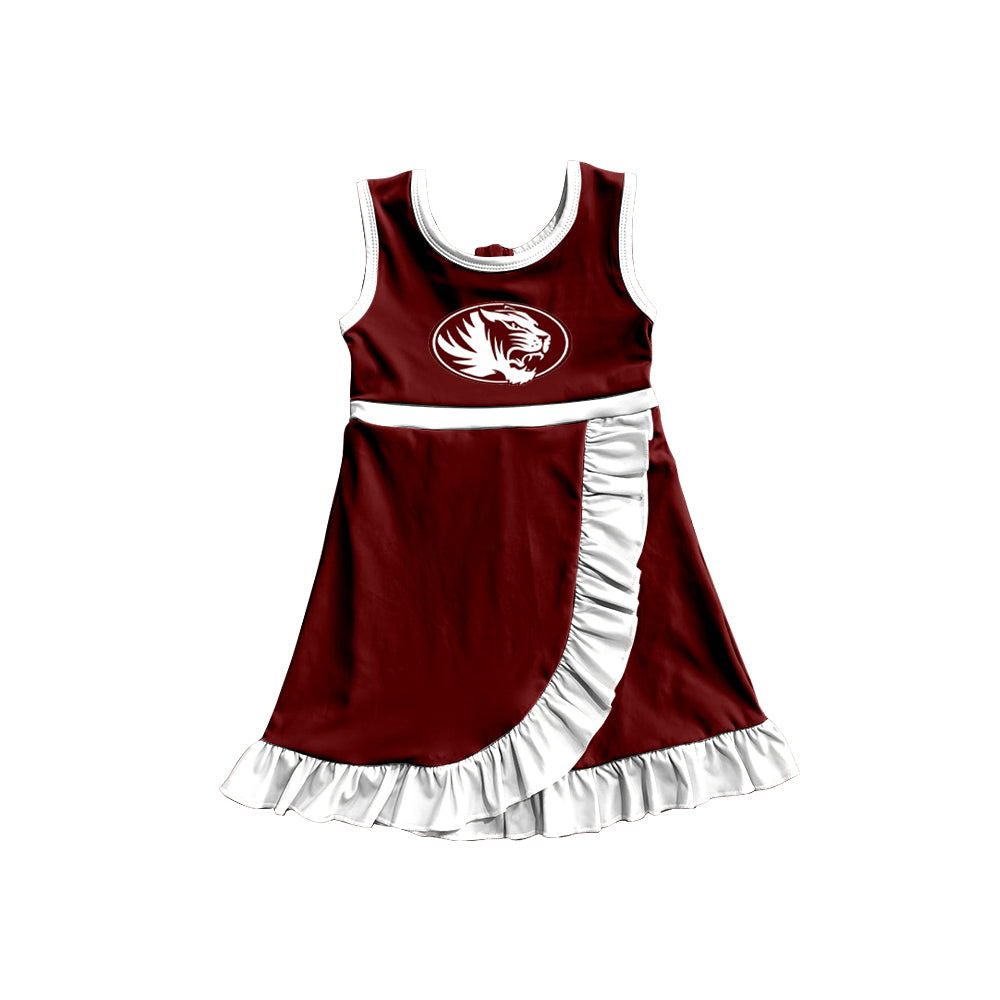 Custom moq 5 mix size milk silk summer teams Baby Girls Dark Red White Scallop Sleeveless Yoga Knee Length Dress