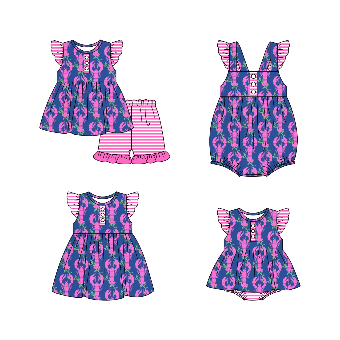 11.18 custom each style moq 5eta 4-6week Sibling Sister crayfish baby girl short sleeve shorts sets and girls romper and boy romper and dress match design