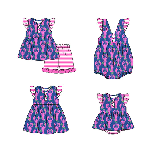 11.18 custom each style moq 5eta 4-6week Sibling Sister crayfish baby girl short sleeve shorts sets and girls romper and boy romper and dress match design