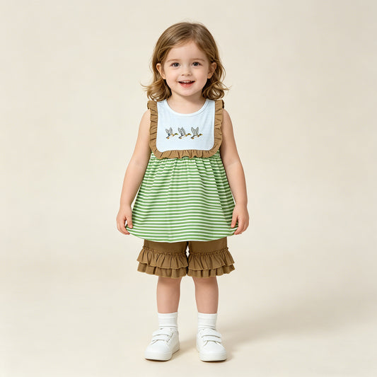 RTS NO MOQ GSSO3432 Toddler Girls Duck Embroidery Sleeveless Stripe Tunic Ruffle Short Clothes
