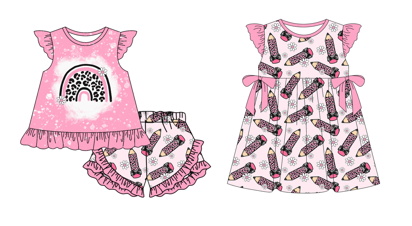 Custom moq 5 mix size Sibling Baby Girl's pink Flutter Sleeve Top And Shorts Set Back-to-School Outfit Dress Cute Children's Clothing