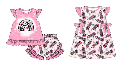 Custom moq 5 mix size Sibling Baby Girl's pink Flutter Sleeve Top And Shorts Set Back-to-School Outfit Dress Cute Children's Clothing