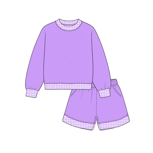 Custom moq 5 girls  Blank Cotton Fabric Sweatshirt Shorts Set Taro purple sweatshirt and shorts set