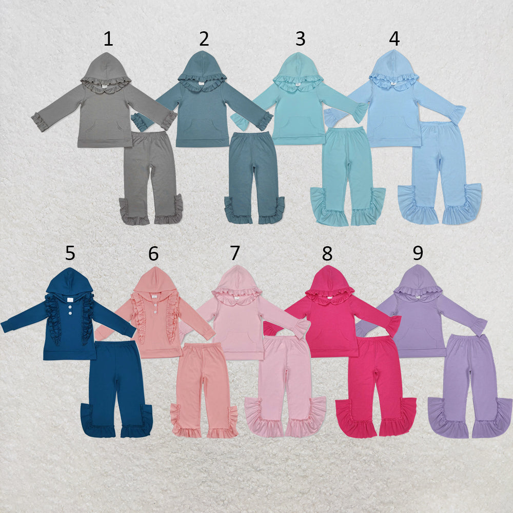 RTS NO MOQ Sibling cotton Baby Girls Solid Color Hooded Ruffle Long Sleeve Top And Bell Bottom Pants Set