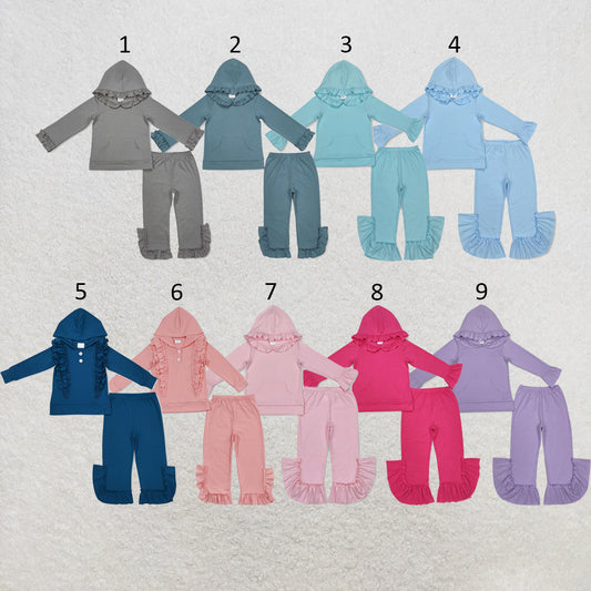 RTS NO MOQ Sibling cotton Baby Girls Solid Color Hooded Ruffle Long Sleeve Top And Bell Bottom Pants Set