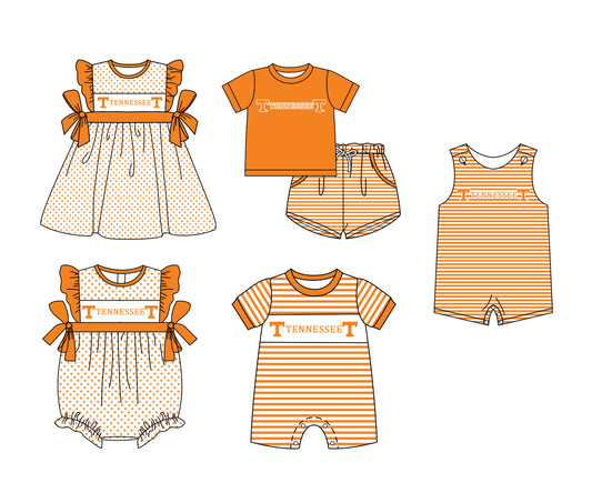 Custom moq 5 mix size milk silk summer teams Boys Short Sleeve Top Orange Striped Shorts Set With Matching Romper Girls Flutter Sleeve Polka Dot Dress Romper