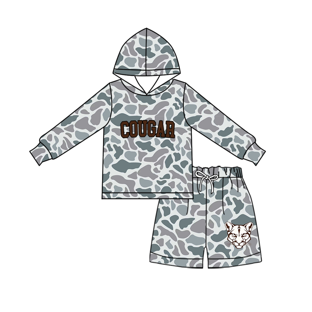 custom moq 5 mix size MSD072705 Baby Kids Grey Camo Long Sleeve Hoodie Top Shorts Team Set