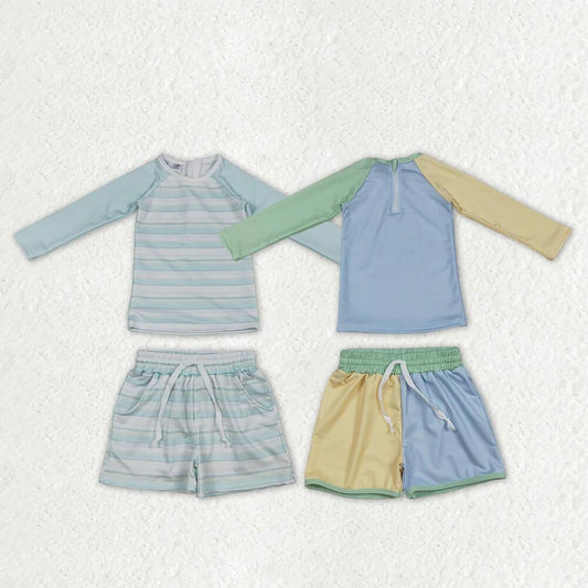 RTS NO MOQ Sibling Baby Boys Long Sleeve Shirt Top with Pockets And Shorts Swimsuit Set
