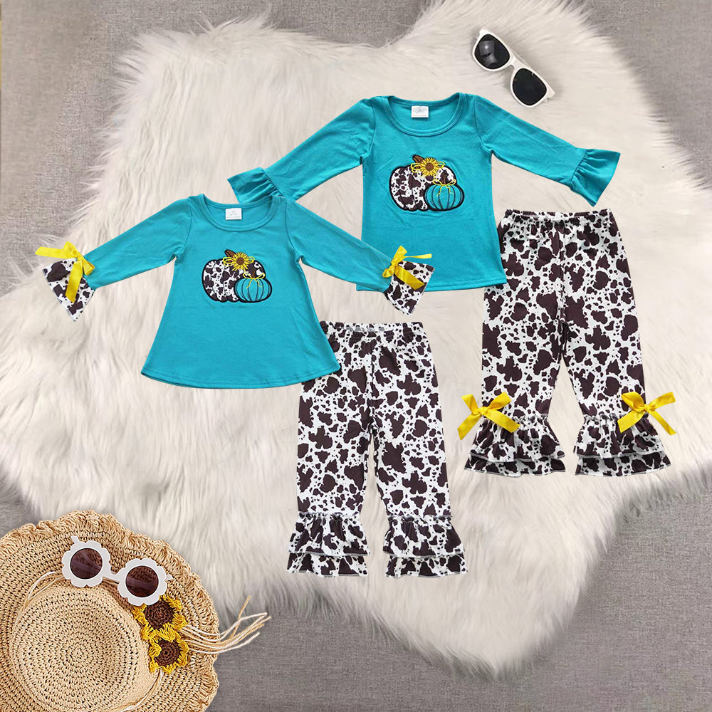 RTS NO MOQ Sibling baby girls clothes embroidery halloween long-sleeved trousers suit