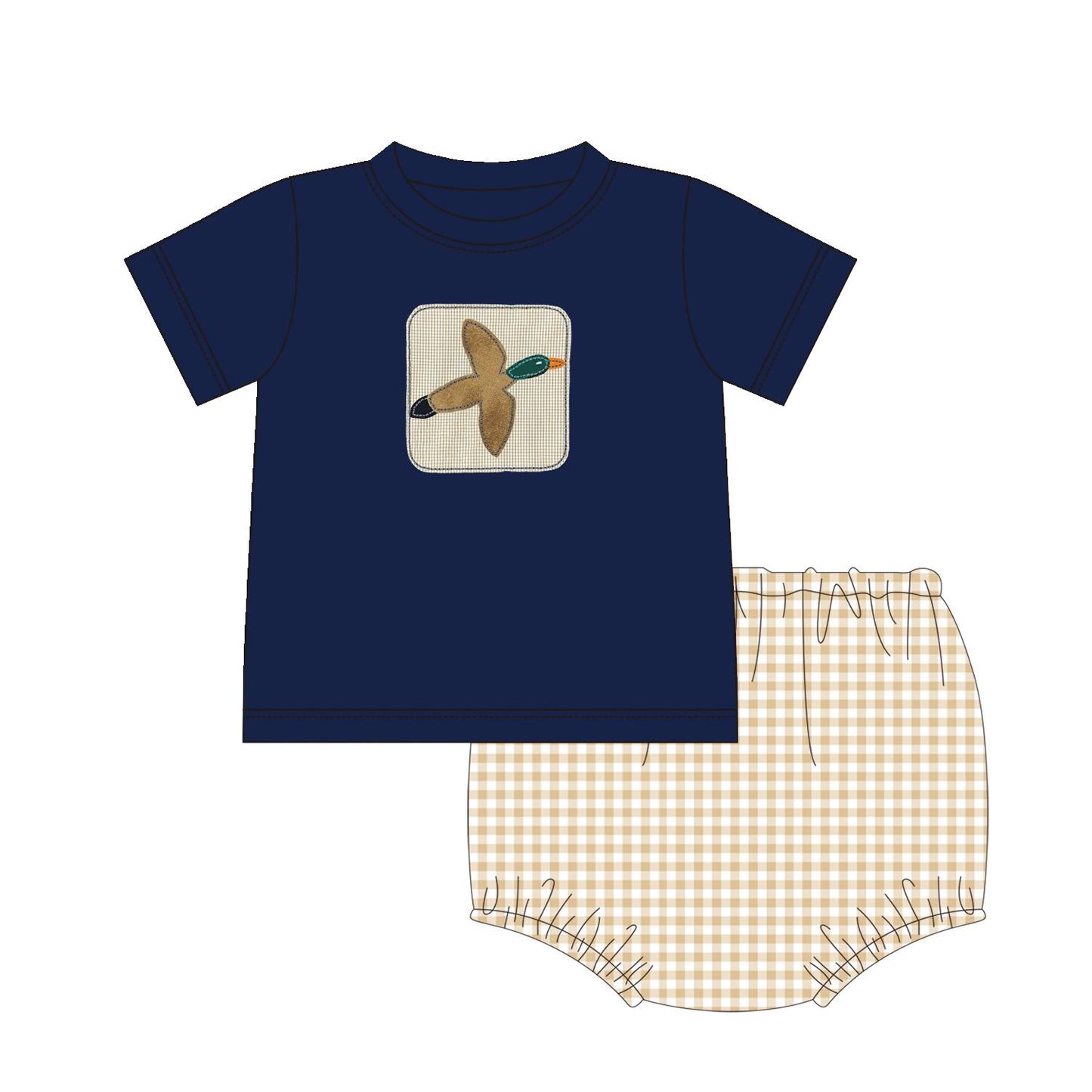5.16custom each style moq 5eta 4-5week Sibling Sister duck print blue boys triangle suit and romper and set