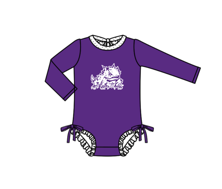 Custom moq 5 mix size milk silk summer teams baby girl boys clothes Purple Two-Piece Swimsuit Set One Piece Swimsuits boy swim trunks