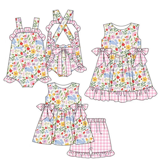 25.12.6 custom each style moq 5 eta 6-8week Sibling Sister bunny floral baby short sleeve shorts sets and romper and dress match design