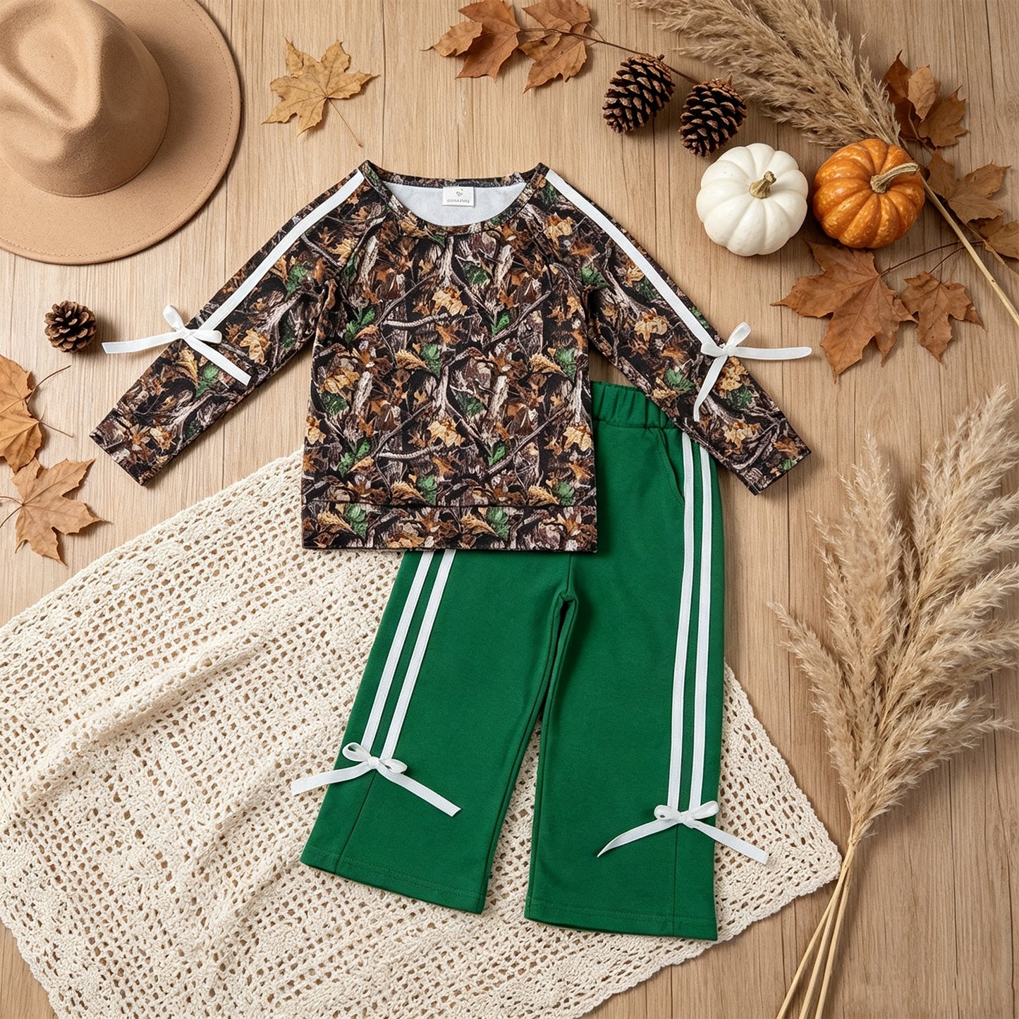 RTS No moq milk silk GLP3358 Baby Girls Long Sleeve Leaves Camo Top Pockets Bows Pant Clothes Sets