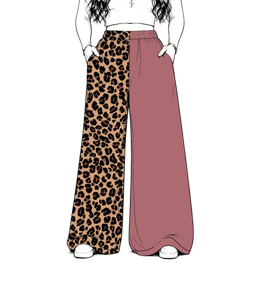 custom moq 5 mix size Baby Kids Leopard Dusty Rose Patchwork Print Team Flare Pants Casual Bottom