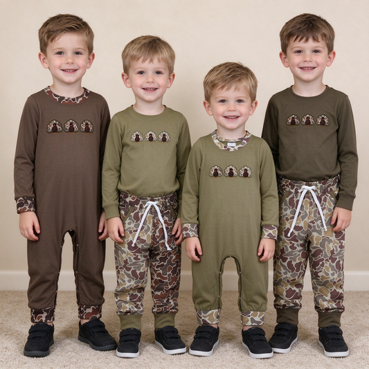 RTS NO MOQ Sibling milk silk Embroidery Baby Boys Thanksgiving Turkey Embroidery Romper And Long Sleeve Top Camo Jogger Pants Two Piece Set