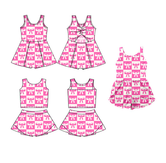 3.19 custom each style moq 5eta 4-6week Sibling Sister bow baby girls clothes Short sleeve yoga dress 1 and dress 2 and jumpsuit match family design