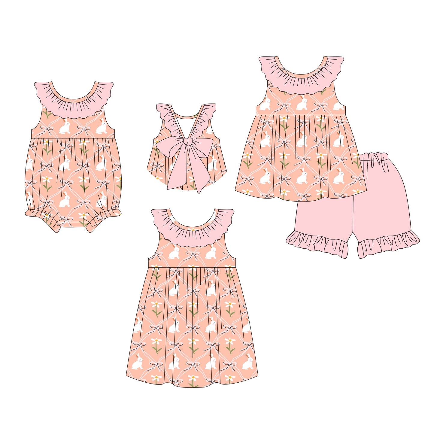 26.1.5 custom each style moq 5 eta 6-8week Sibling Sister easter bow baby short sleeve shorts sets and romper and dress match design
