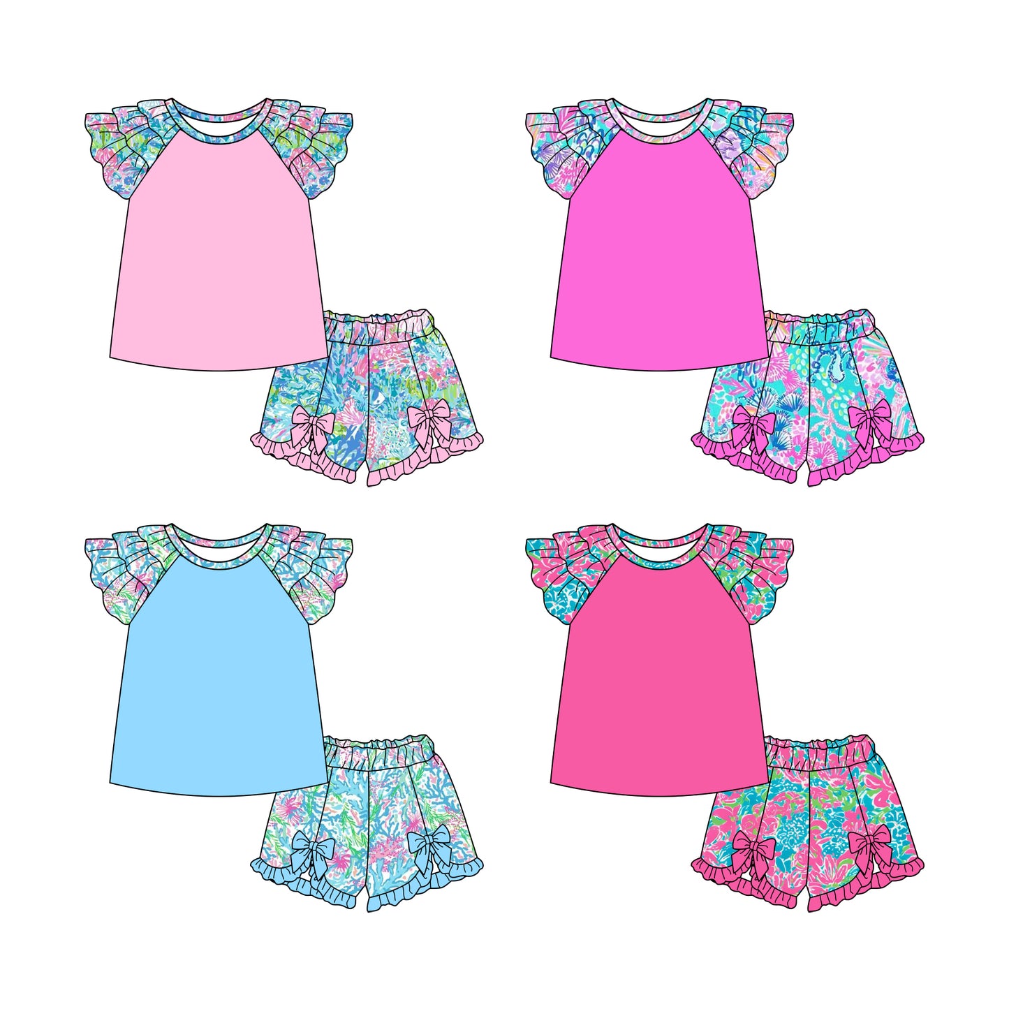 2.12 custom each style moq 5eta 4-6week Sibling Sister baby girls short sleeve shorts sets and set 4 match design