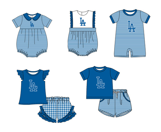 Custom moq 5 mix size milk silk summer teams Baby Boys And Girls Blue Short-Sleeved Shirt And Shorts Set Matching Striped Rompers Outfit Set