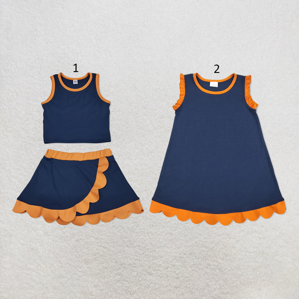 RTS NO MOQ Sibling cotton Baby Girls Navy Orange Sleeveless Vest And Scallop Hem Short Skirt Yoga Set Scallop Knee Length Dresses