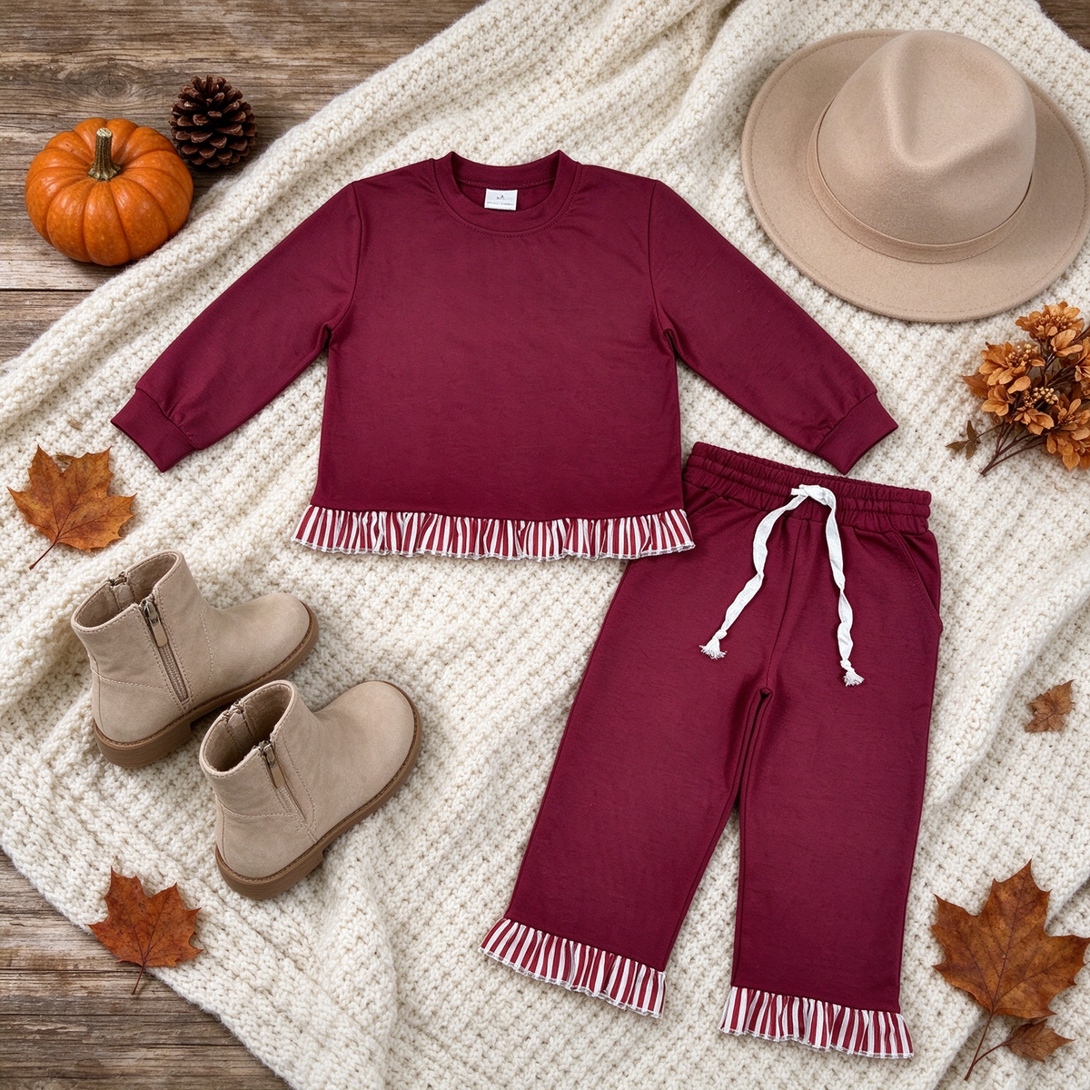NEW RTS NO MOQ milk silk GLP3829 Baby Girls Maroon Long Sleeve Pocket Top Ruffle Hem Pant Clothes Set