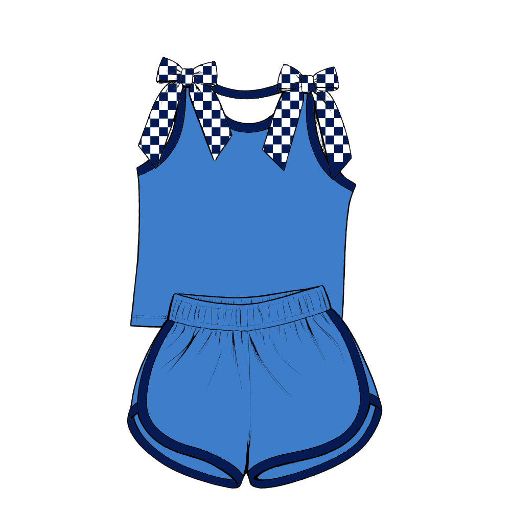 custom moq 5 mix size Baby Girls Checked Bow Sleeveless Blue Top Shorts Summer Casual Outfit Set