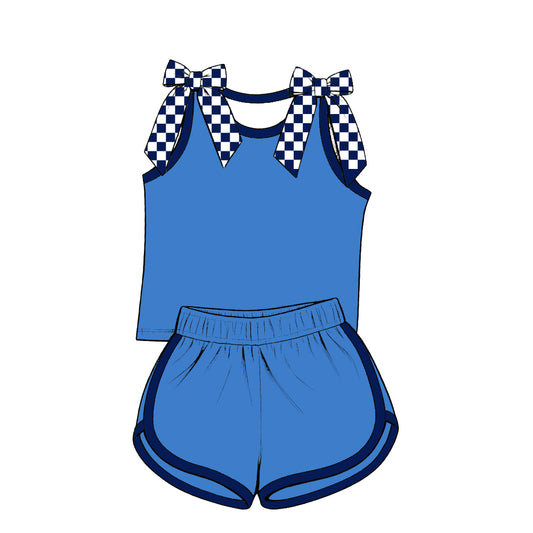custom moq 5 mix size Baby Girls Checked Bow Sleeveless Blue Top Shorts Summer Casual Outfit Set