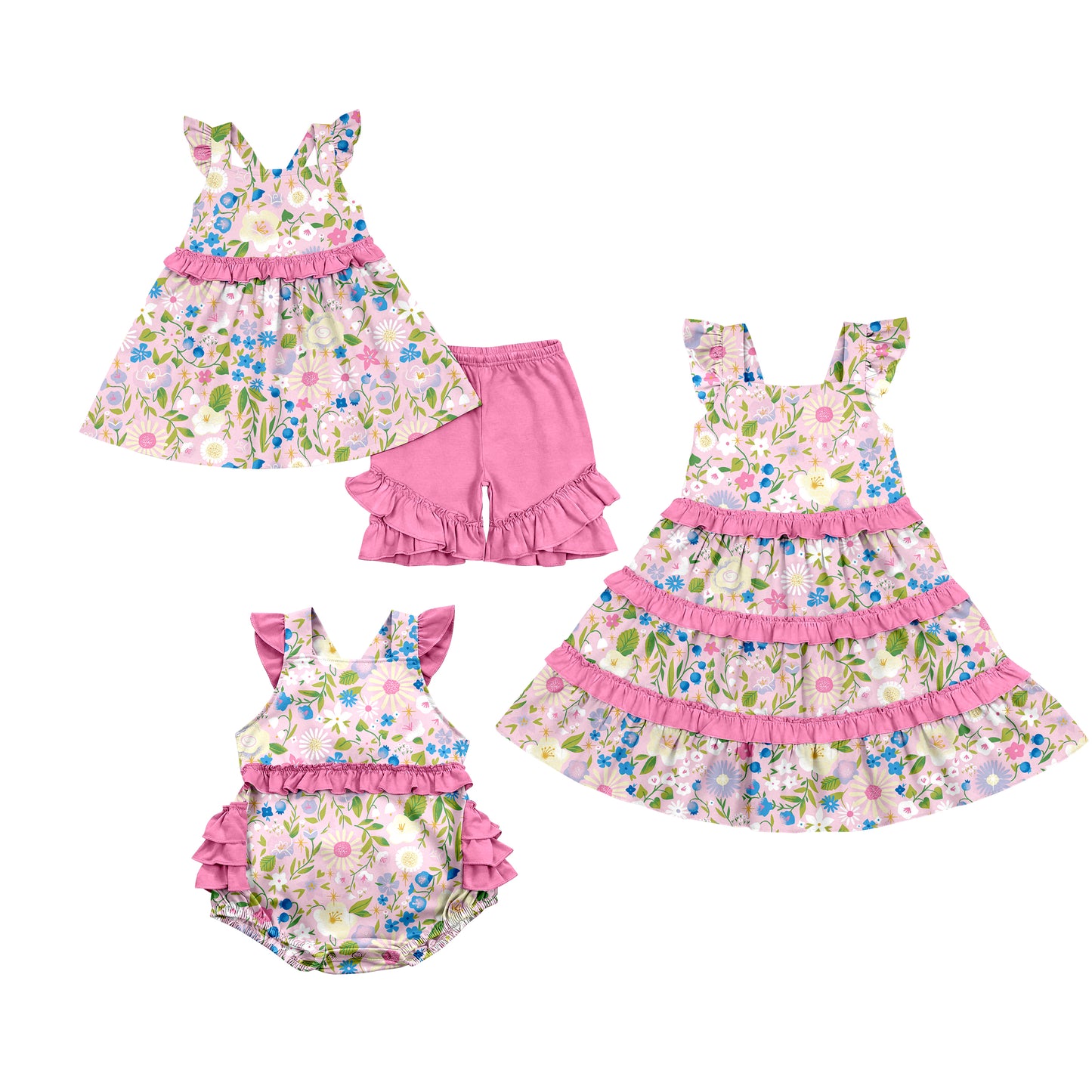 Custom moq 5 mix size Sibling Baby Girl's Floral Print pink Short-Sleeved Top And Shorts Set Cute Romper Dress for Spring Summer